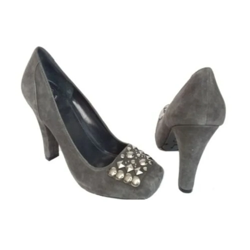 BCBG Galena Suede Square-toe Embellished Heels Gray 7.5